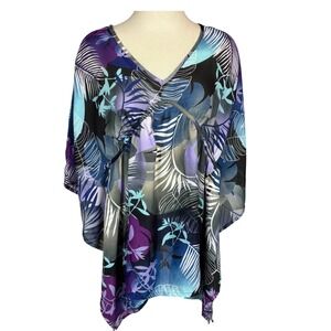 Venus Floral Print Cover Up V-Neck Tunic Top Blouse Purple Blue *READ